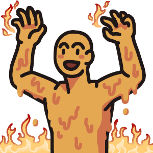 a figure from the waist up, raising their arms above their head and wiggling their fingers. They have a big smile on their face. they have fire reaching up from the floor to waist level, and flames dancing around their fingertips as they wiggle them. They appear to be melting.